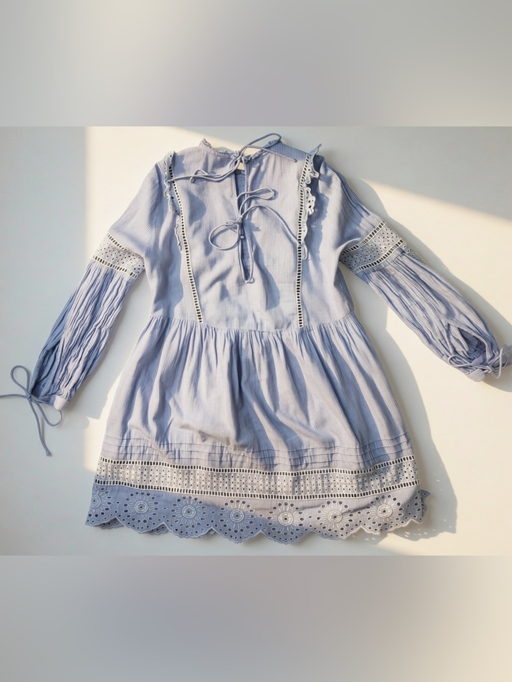 Topshop Blue Stripe Eyelet Lace Prairie Mini Dress |US 6| Coastal academia Fall - Picture 5 of 6